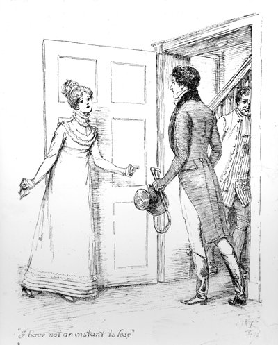 ジェーン・オースティンの「プライドと偏見」のイラスト、「失う瞬間はない」、1894年に発行された版 作： Hugh Thomson